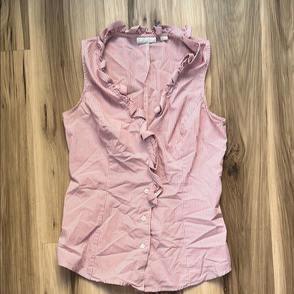 New York & Company Pink Striped Ruffle Sleeveless Top